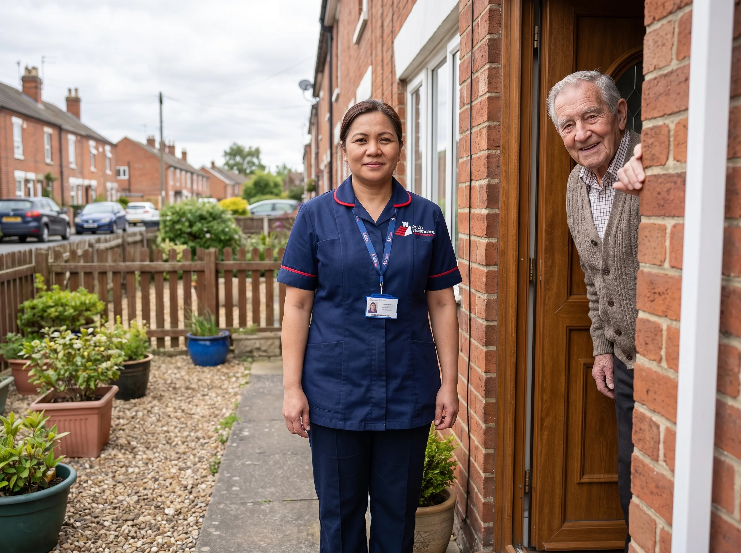 Auxin carer arriving for a home care visit with an older man in Spalding, Lincolnshire