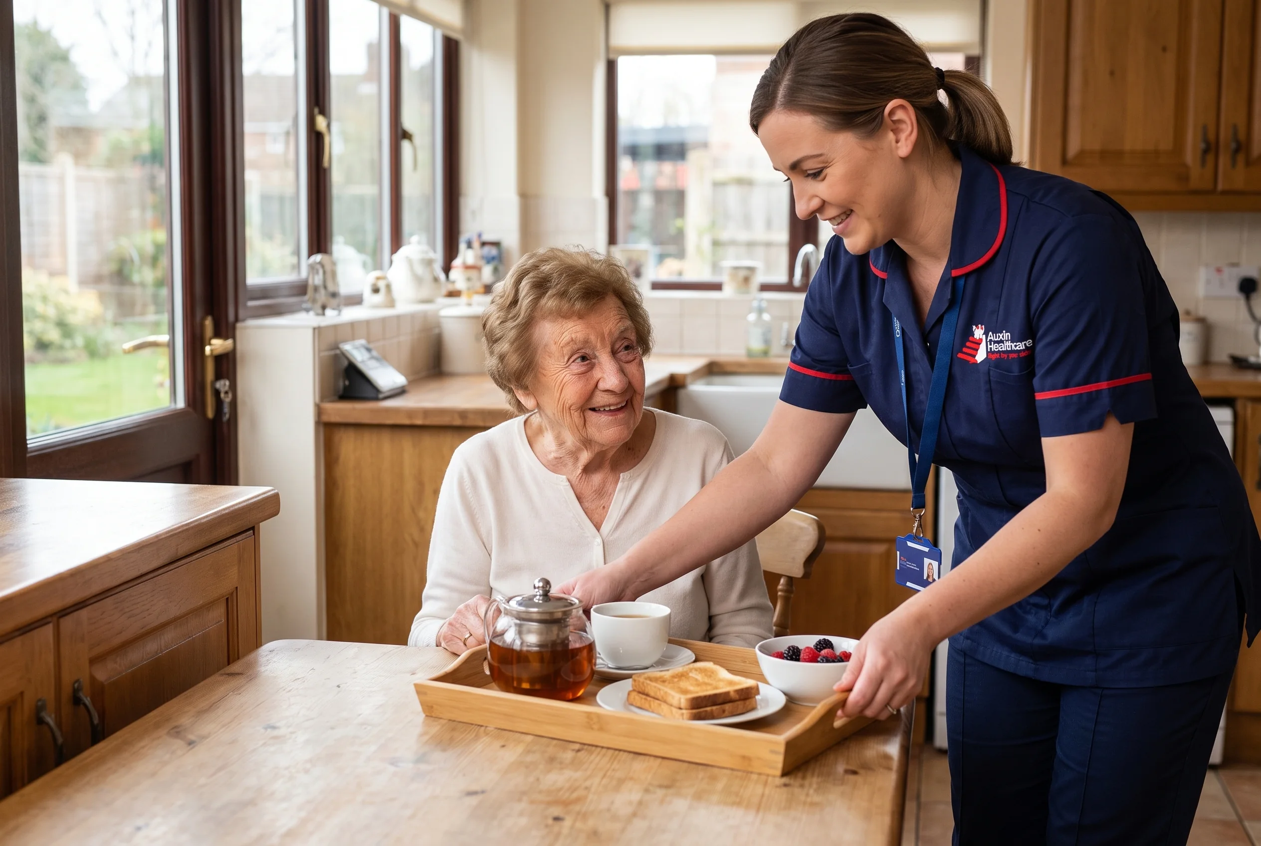 Auxin carer serving breakfast to an older woman during a domiciliary care visit in Spalding