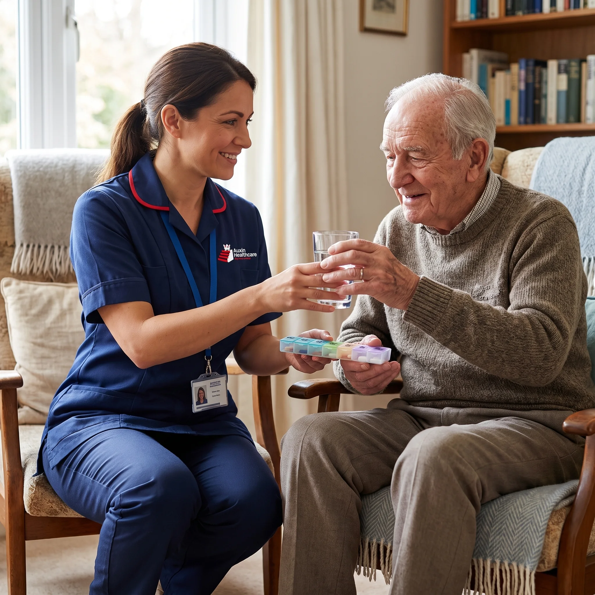 Auxin carer supporting an older man with his medication and a drink during a home care visit