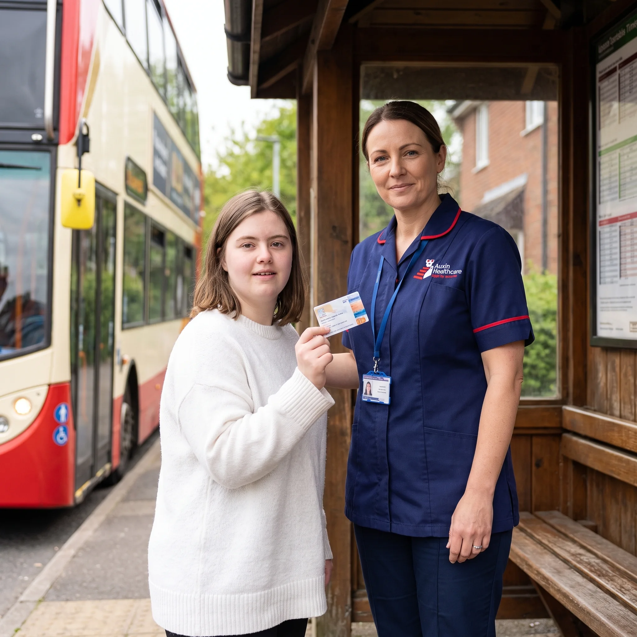 Auxin support worker helping a young woman with a learning disability learn to travel independently by bus