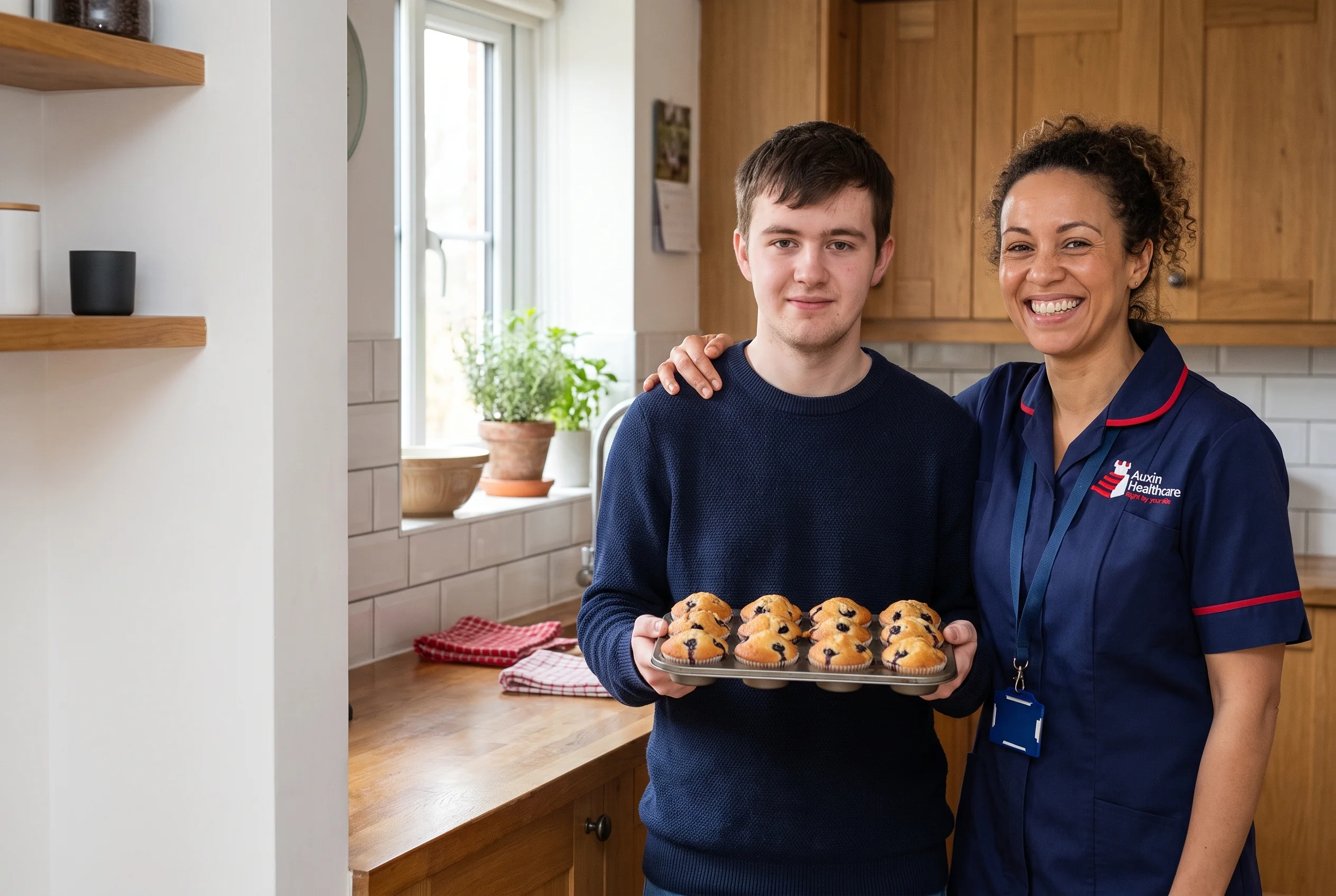 Young man with a learning disability proudly baking muffins with an Auxin support worker at home in Spalding