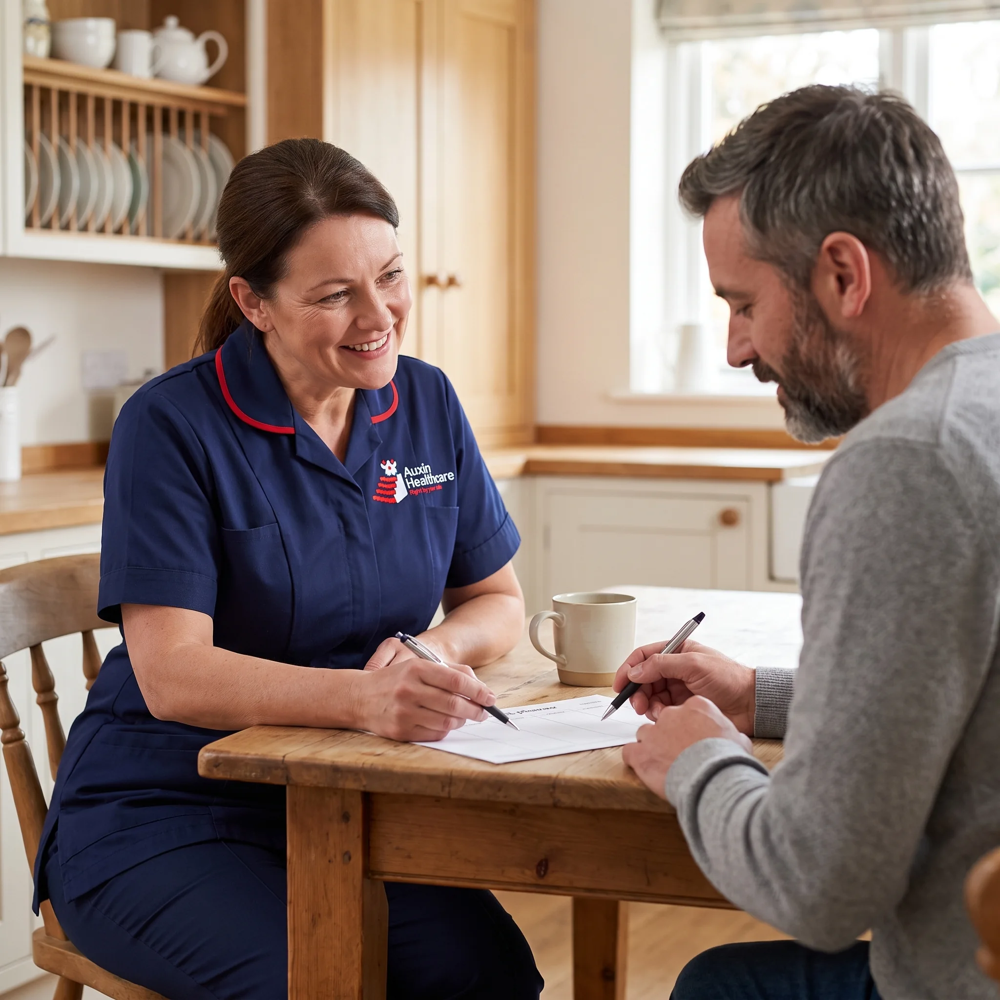 Auxin support worker helping a man plan his weekly routine as part of mental health support at home