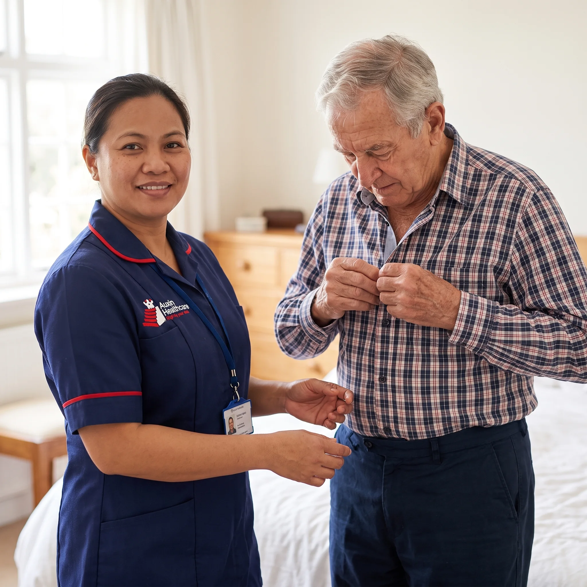 Auxin carer helping an older man button his shirt while encouraging independence during personal care at home