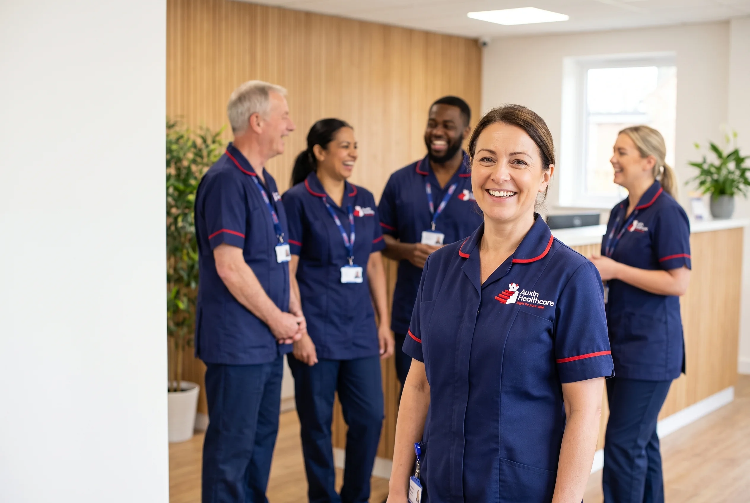 Diverse Auxin Healthcare care team in navy uniforms smiling together in Spalding, Lincolnshire