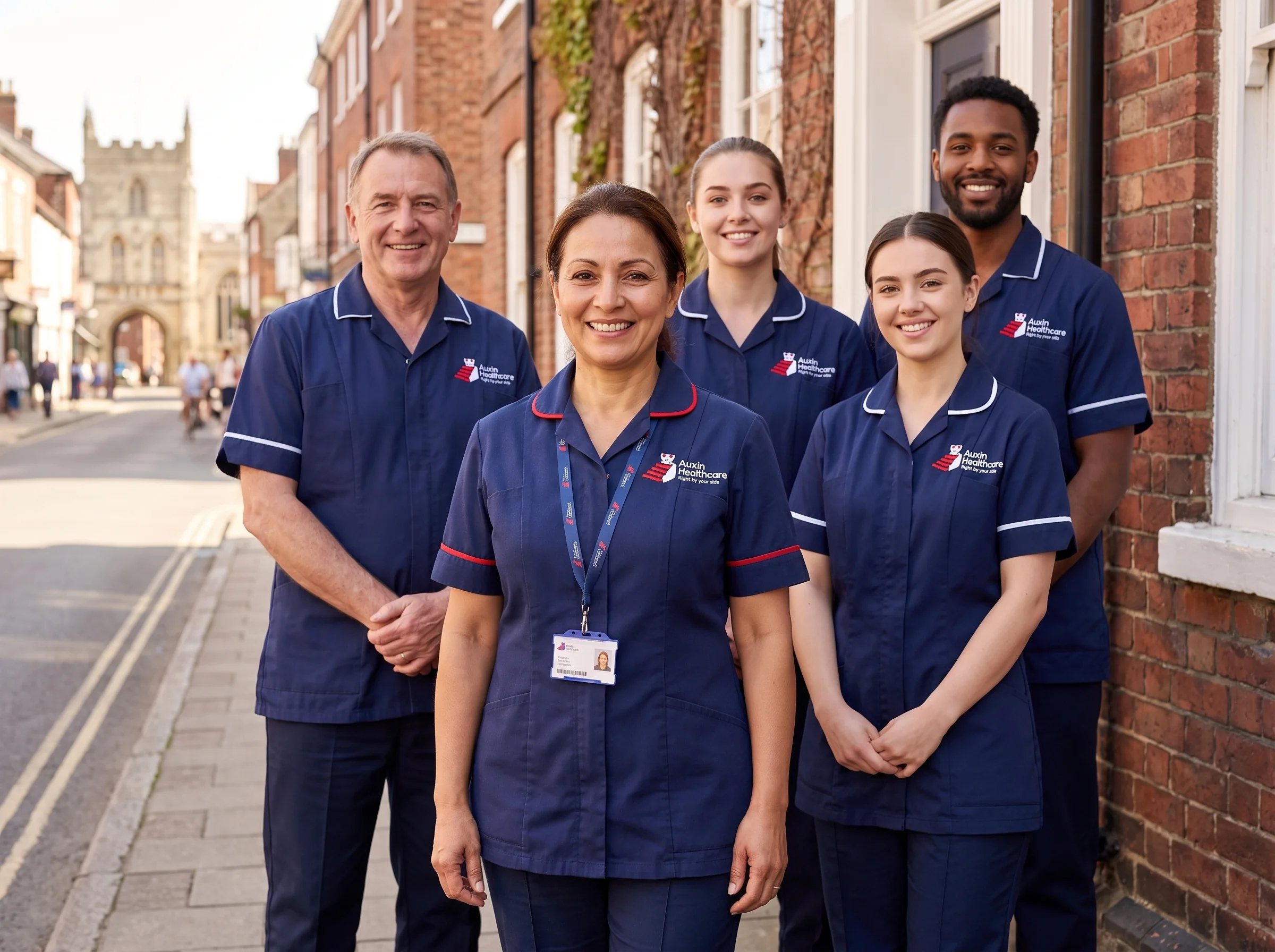 Diverse Auxin care team in navy uniforms smiling outside in Spalding