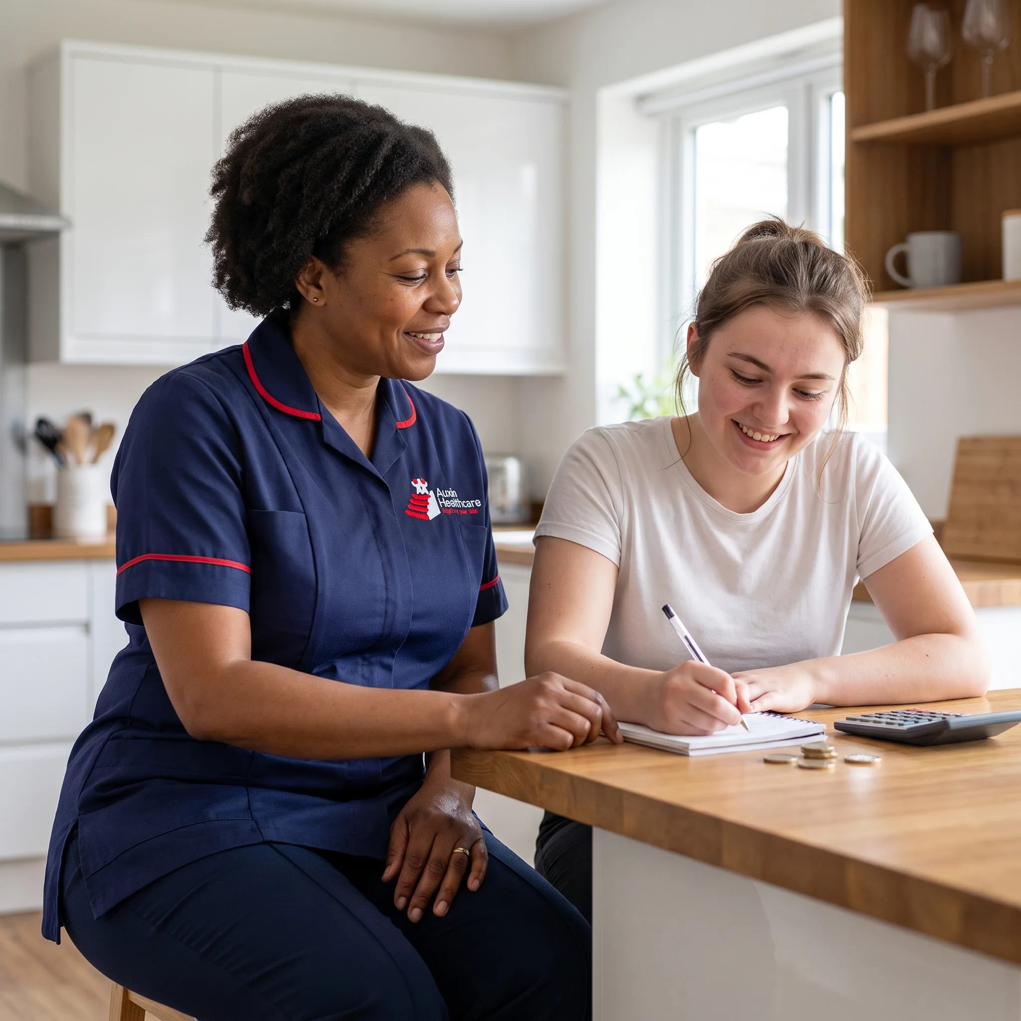 Auxin support worker helping a young woman plan her weekly budget in supported living